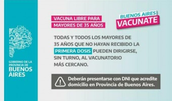 COVID-19: VACUNA LIBRE PARA MAYORES DE 35 AOS